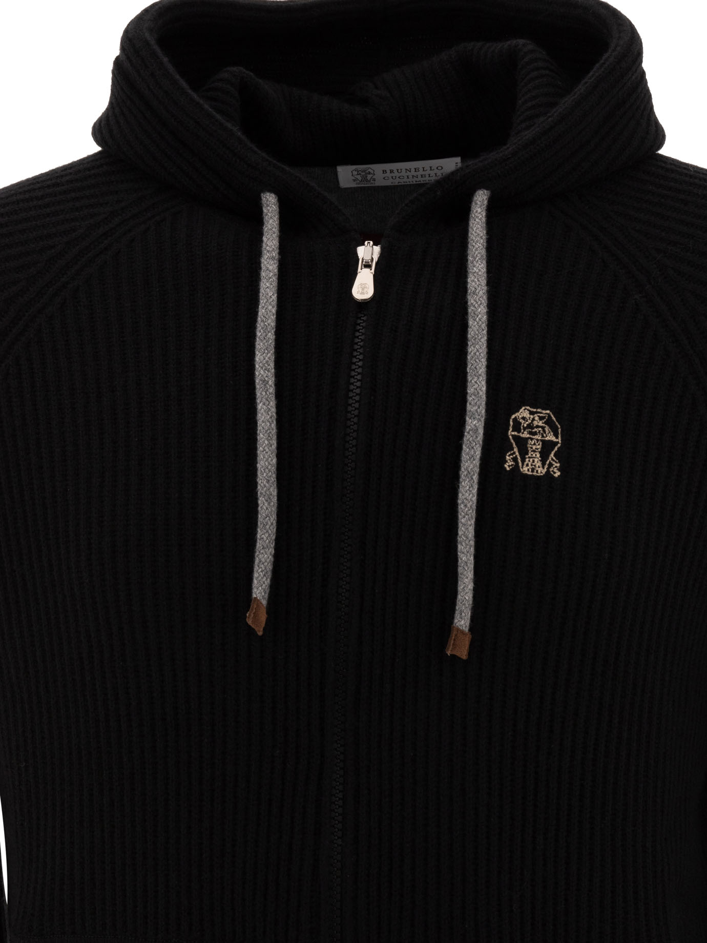 BRUNELLO CUCINELLI Black   Ribbed sweater with zip and hood